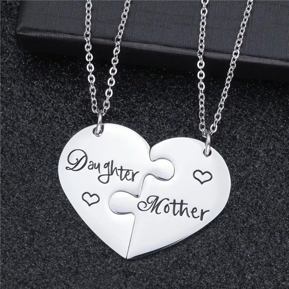 NEW "Mother & Daughter" Puzzle Heart Necklaces Silver 18"+ - Picture 2 of 6